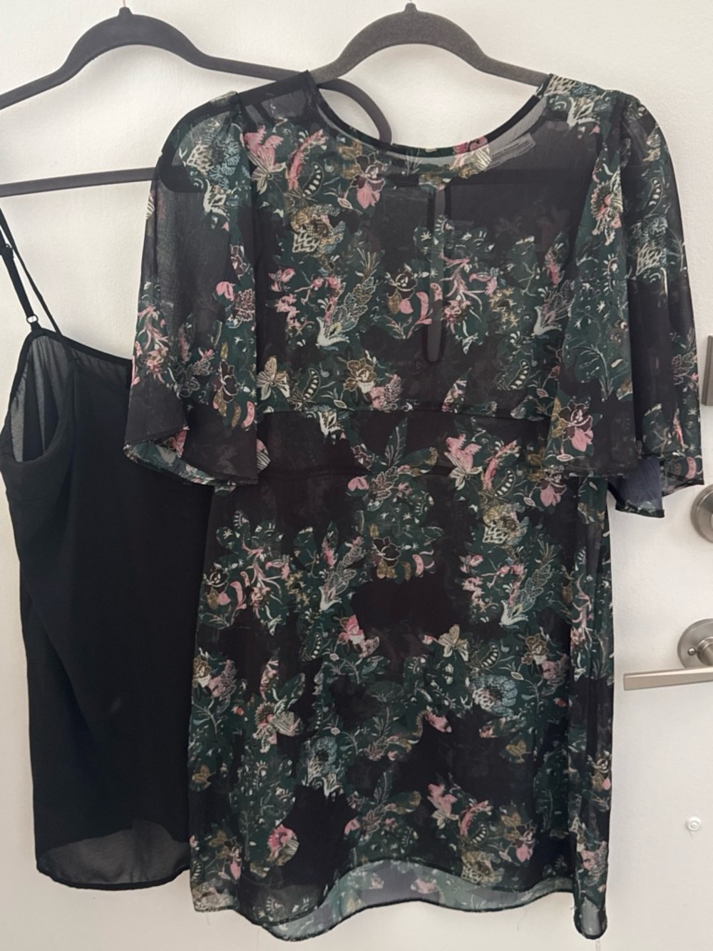 Sheer Floral Overlay Dress - Black with Pink & Green Floral